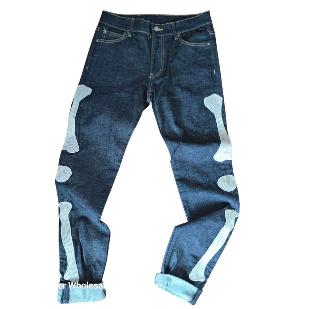 MnmI Denim Straight Leg Jeans Skeleton Bone Applique Dark Wash Men's‎